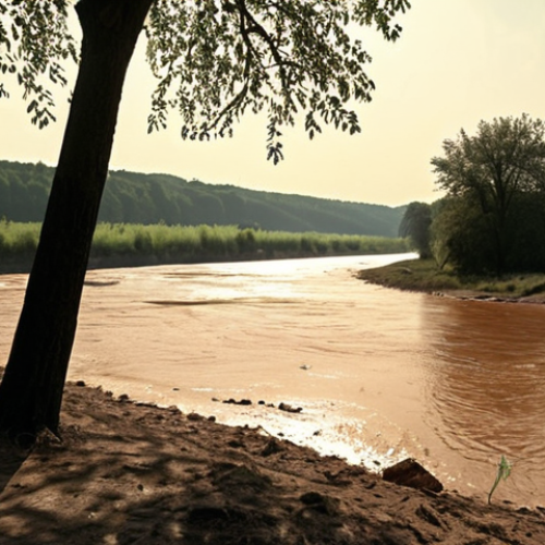 A poignant depiction of a parched German landscape under a scorching sun, with visibly low river levels and a few dying trees. In the background, a subtle, ethereal overlay of a digital countdown clock rapidly ticking down, symbolizing the urgency of the depleting carbon budget. The image should evoke a sense of environmental crisis and personal concern. Focus on realistic, somber tones with an urgent atmosphere.