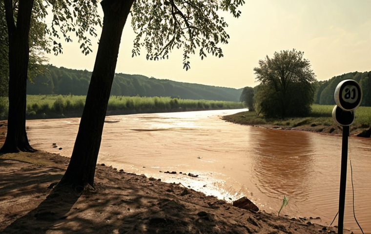 A poignant depiction of a parched German landscape under a scorching sun, with visibly low river levels and a few dying trees. In the background, a subtle, ethereal overlay of a digital countdown clock rapidly ticking down, symbolizing the urgency of the depleting carbon budget. The image should evoke a sense of environmental crisis and personal concern. Focus on realistic, somber tones with an urgent atmosphere.