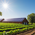 **A vibrant agroforestry scene in the German countryside. Fruit trees and rows of diverse crops intermingle under a bright sky. Solar panels gleam on a barn roof in the background. Emphasize the visual harmony and sustainability.**