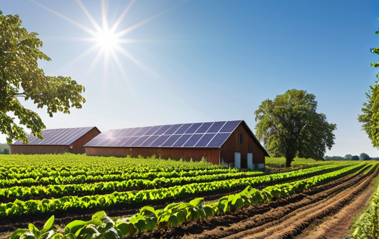 **A vibrant agroforestry scene in the German countryside. Fruit trees and rows of diverse crops intermingle under a bright sky. Solar panels gleam on a barn roof in the background. Emphasize the visual harmony and sustainability.**