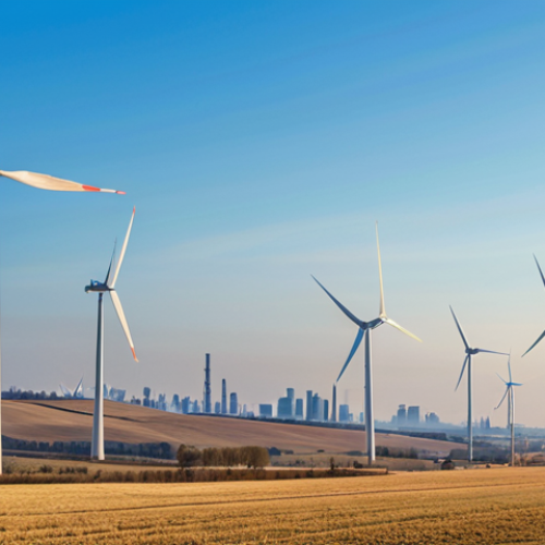 **Prompt:** A vibrant wind turbine farm against a bright blue sky, contrasting with a hazy industrial cityscape in the distance, symbolizing the transition to renewable energy and the challenge of balancing environmental goals with industrial needs. Focus on the dynamic movement of the turbines and the stark contrast between the natural and built environments.