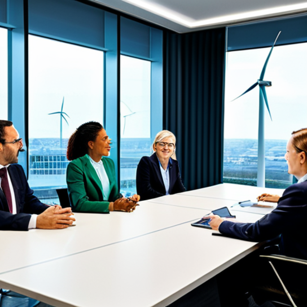 A diverse group of professional adults, including male and female individuals, in modest business attire, collaborating around a large table in a bright, modern European conference room. Large windows in the background reveal a futuristic cityscape with visible wind turbines and solar panels on rooftops, symbolizing the EU Green Deal. The atmosphere is collaborative and forward-looking. fully clothed, appropriate attire, safe for work, professional, perfect anatomy, correct proportions, natural pose, well-formed hands, proper finger count, natural body proportions, high-resolution, professional photography, high quality, appropriate content.