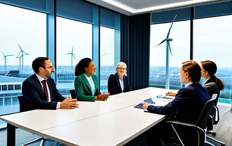 A diverse group of professional adults, including male and female individuals, in modest business attire, collaborating around a large table in a bright, modern European conference room. Large windows in the background reveal a futuristic cityscape with visible wind turbines and solar panels on rooftops, symbolizing the EU Green Deal. The atmosphere is collaborative and forward-looking. fully clothed, appropriate attire, safe for work, professional, perfect anatomy, correct proportions, natural pose, well-formed hands, proper finger count, natural body proportions, high-resolution, professional photography, high quality, appropriate content.