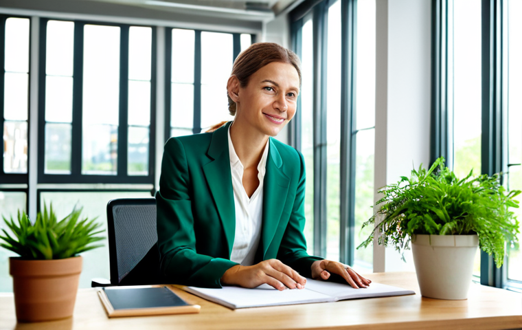 Businesswoman in a Sustainable Office**
"A professional businesswoman in a modest, tailored suit, working at a desk made of sustainable materials in a bright, modern office filled with plants. Large windows overlook a green urban landscape. Focus on sustainability and eco-friendliness. Fully clothed, appropriate attire, safe for work, perfect anatomy, correct proportions, natural pose, professional photography, high quality, family-friendly, professional."
**