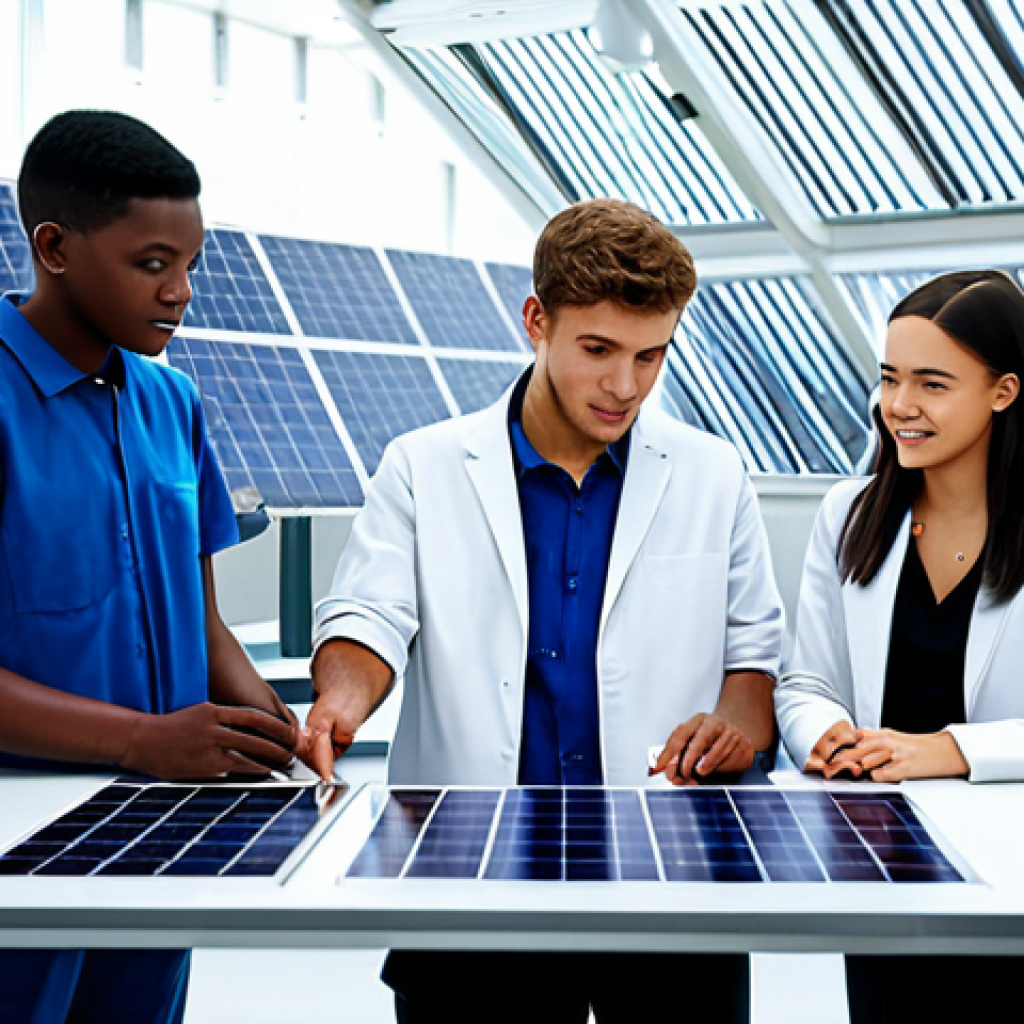 **
"A diverse group of young people, fully clothed in appropriate attire, collaborating on a renewable energy project, such as designing solar panels or wind turbines. Background features a bright, futuristic laboratory setting. Safe for work, professional, highlighting intergenerational collaboration on climate solutions. Perfect anatomy, natural proportions, well-lit, appropriate content."
**