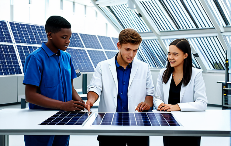 **
"A diverse group of young people, fully clothed in appropriate attire, collaborating on a renewable energy project, such as designing solar panels or wind turbines. Background features a bright, futuristic laboratory setting. Safe for work, professional, highlighting intergenerational collaboration on climate solutions. Perfect anatomy, natural proportions, well-lit, appropriate content."
**