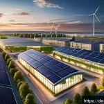 Home 22 탄소예산과 정책 평가의 상관 관계 - A detailed, realistic illustration of a modern German cityscape at sunset, showcasing advanced renew...