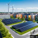 Home 23 탄소예산 기반의 지속 가능한 개발 전략 - A modern German cityscape focused on sustainable urban development, featuring solar panels on roofto...