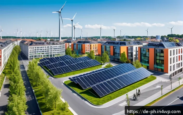 탄소예산 기반의 지속 가능한 개발 전략 - A modern German cityscape focused on sustainable urban development, featuring solar panels on roofto...